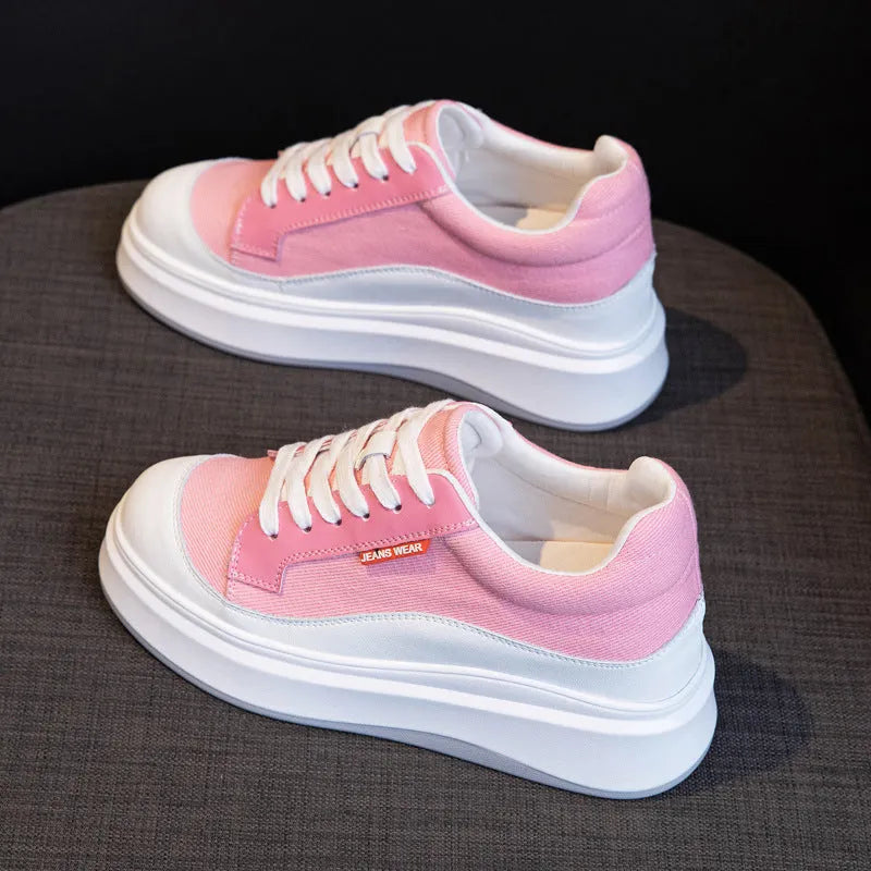 Women's beige and pink thick-soled leather board shoes with cowhide upper on a size scale