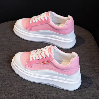 Women's beige and pink thick-soled leather board shoes with cowhide upper on a size scale