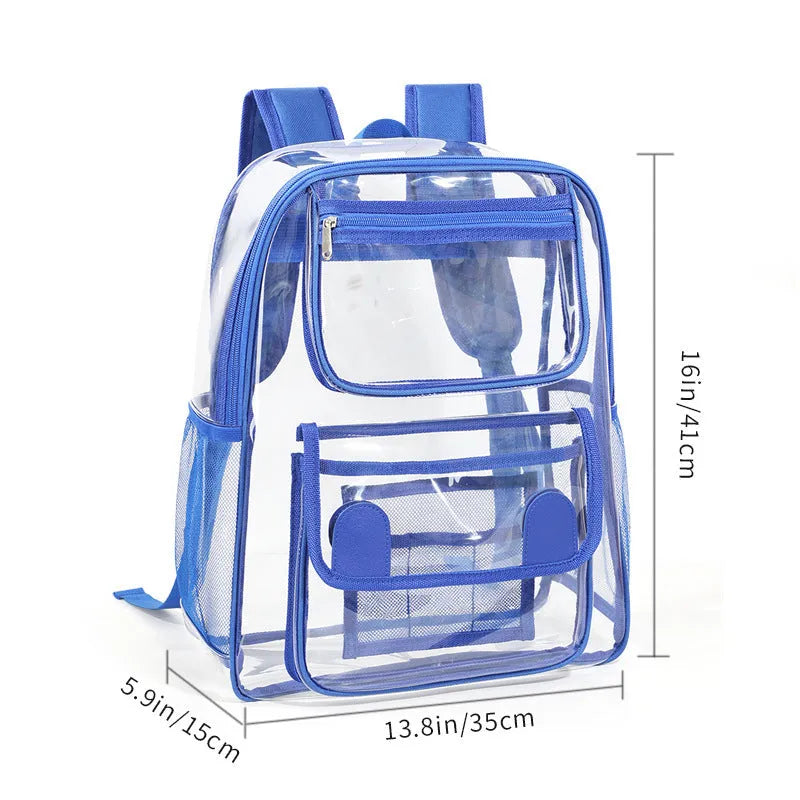 Transparent PVC travel backpack showing contents through clear material with 50 litre capacity