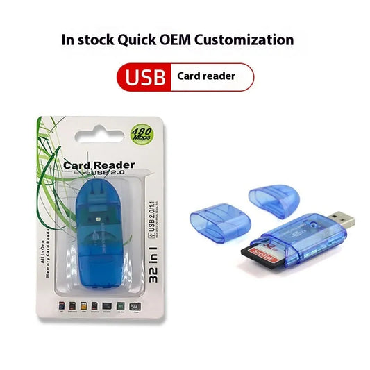 Transparent USB card reader with LED light, measuring 7.5 inches long, for memory card data transfer and business gifting