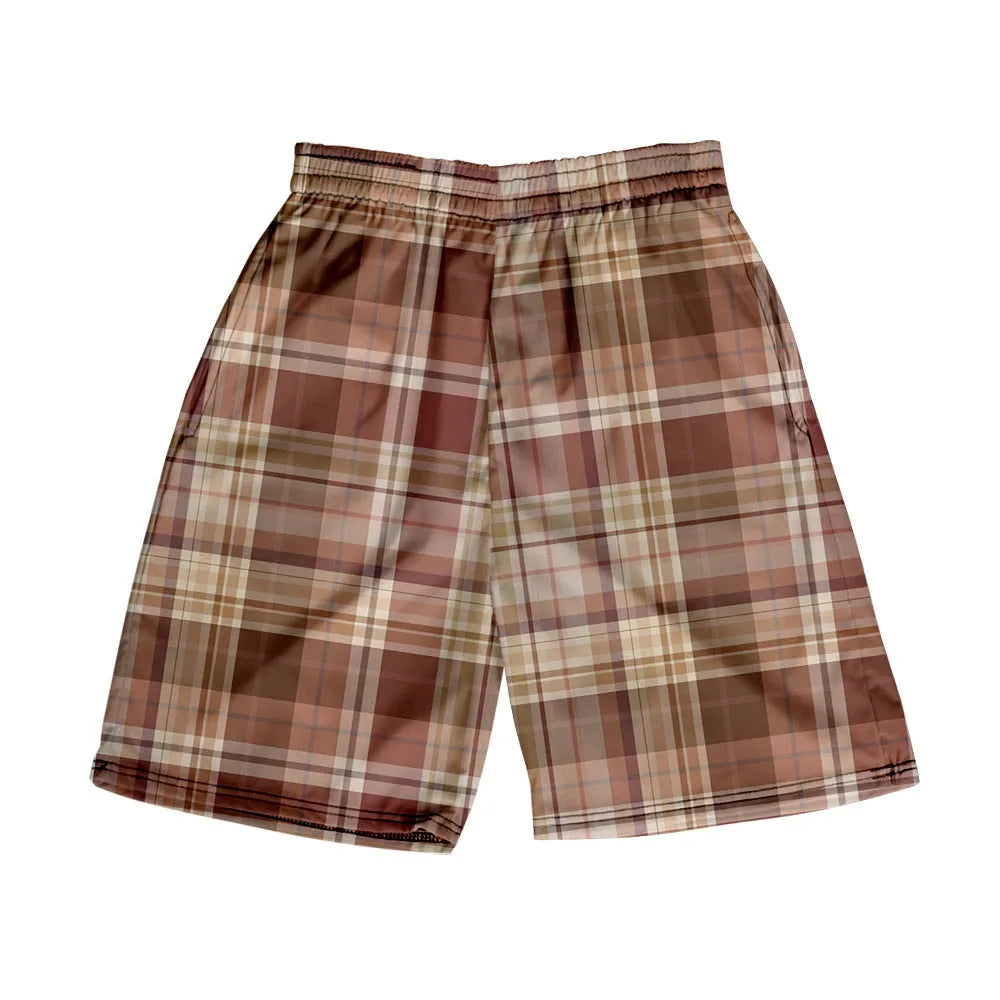 Men's plaid pattern casual shorts with an elastic waistband, shown in a straight leg design.