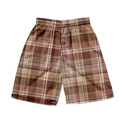 Men's plaid pattern casual shorts with an elastic waistband, shown in a straight leg design.
