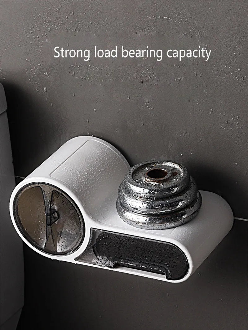 White plastic clamp-on bathroom toilet paper holder with curved design