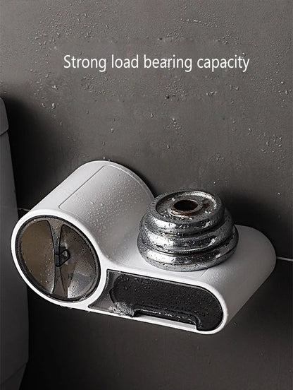 White plastic clamp-on bathroom toilet paper holder with curved design