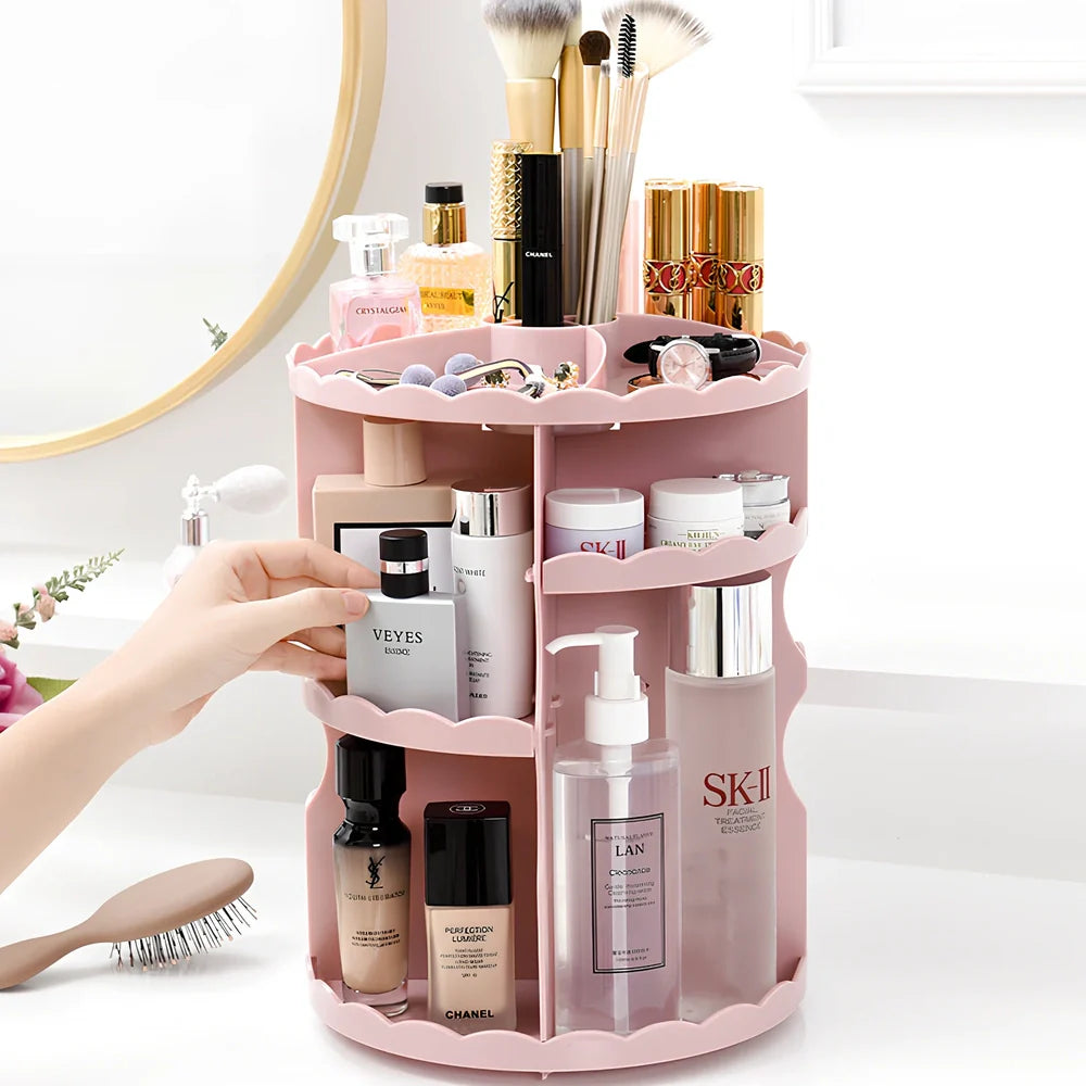 Rotating cosmetics organiser with 360-degree mechanism measuring 23 x 30.5cm in plastic construction