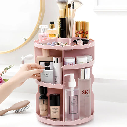 Rotating cosmetics organiser with 360-degree mechanism measuring 23 x 30.5cm in plastic construction