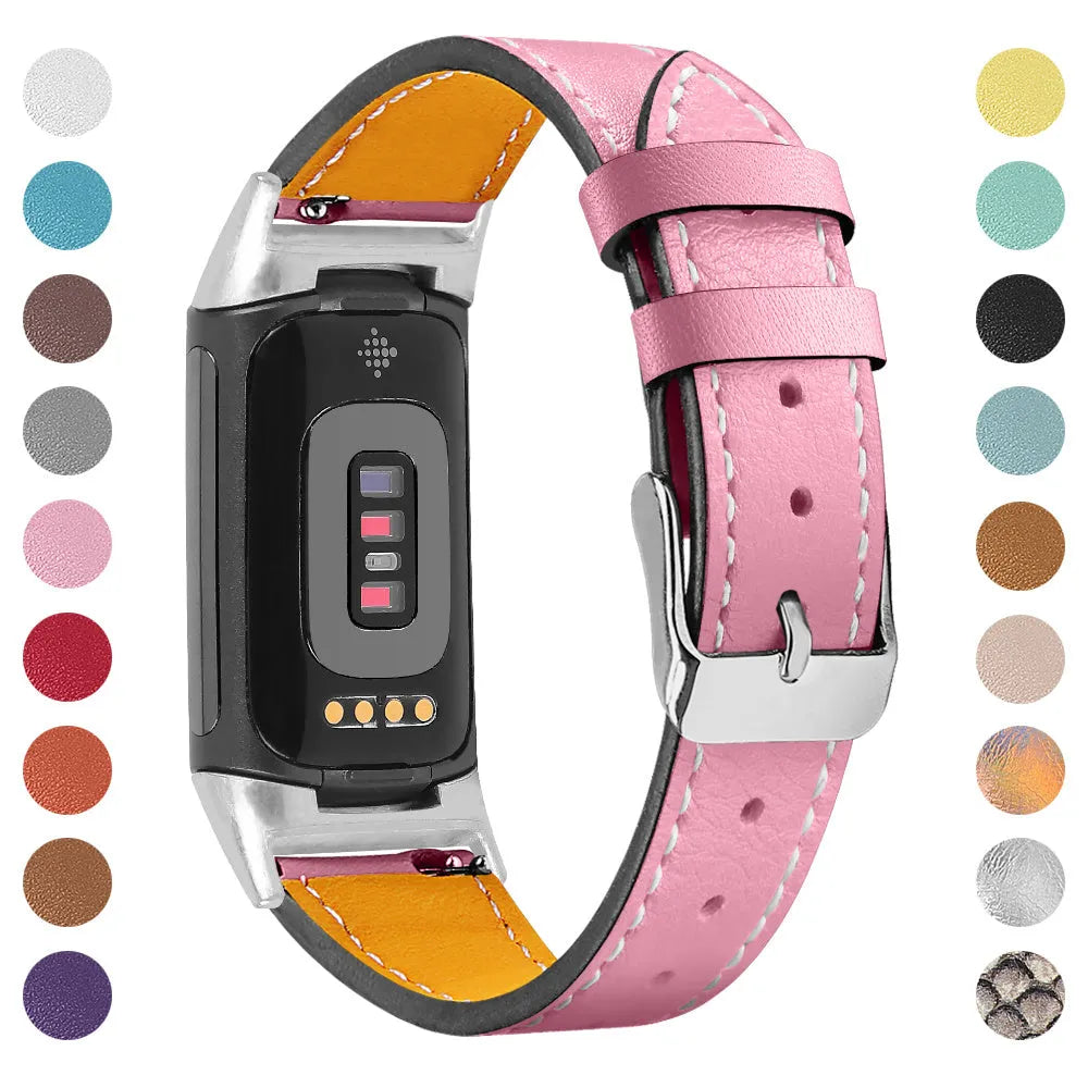 Genuine leather strap for Fitbit charge5 and charge6 in selected colour with adjustable buckle showing 5.5-8.1 inch length