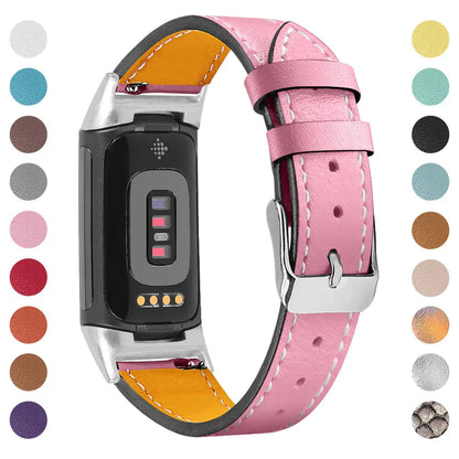 Genuine leather strap for Fitbit charge5 and charge6 in selected colour with adjustable buckle showing 5.5-8.1 inch length