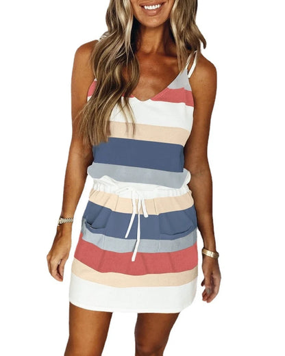 Women's cotton striped drawstring summer dress in various colors