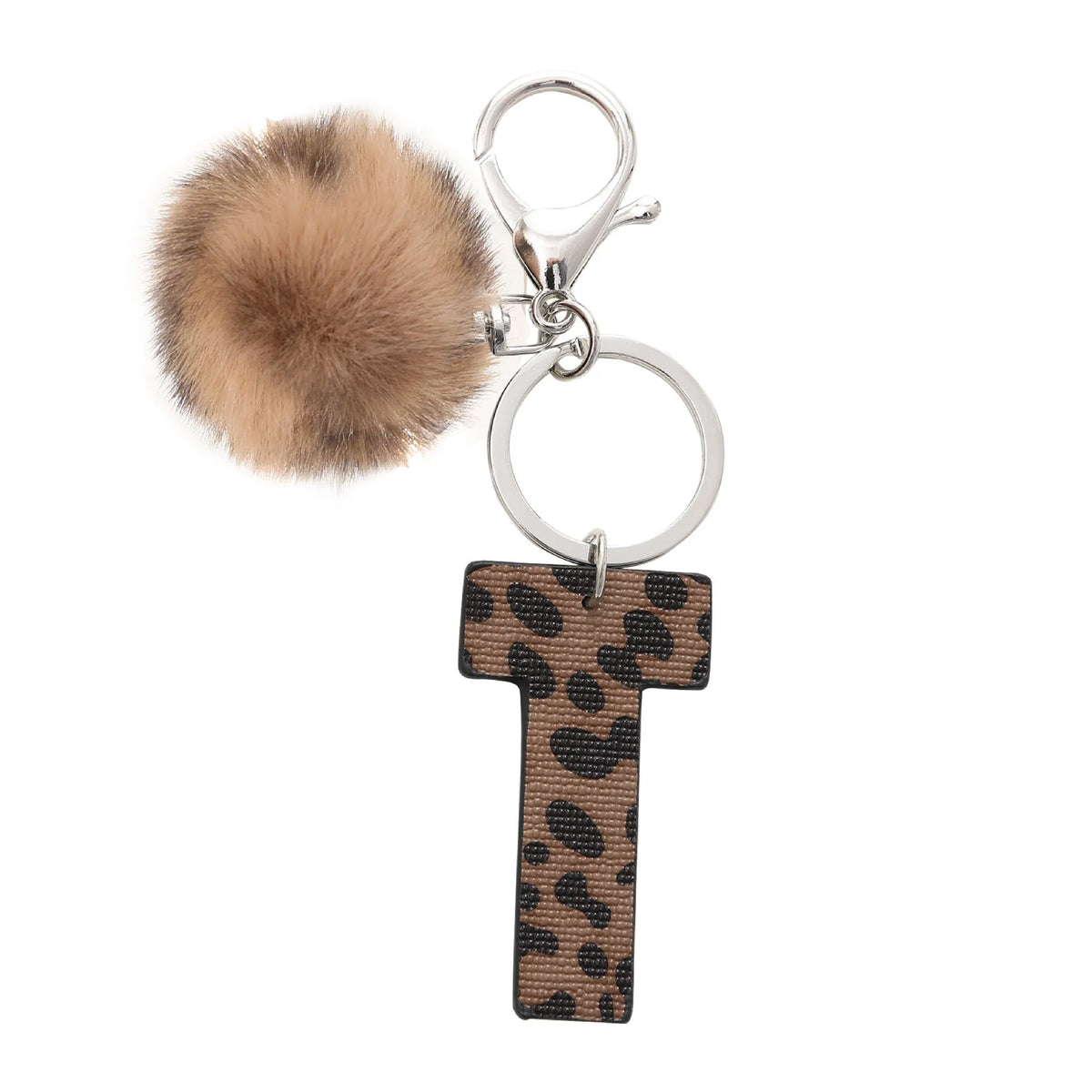 Leopard-print artificial leather keychain with oil-edged acrylic letter and included key ring, retro style