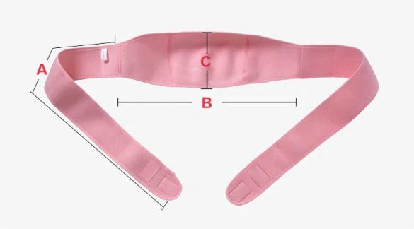 Pink maternity support belt with stomach lift function showing adjustable length up to 164cm