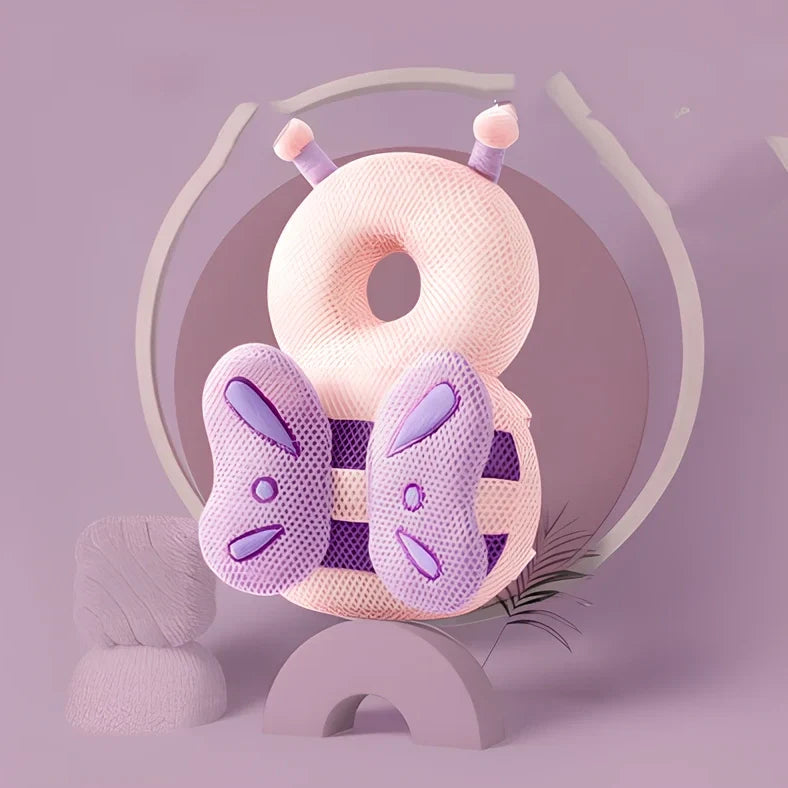 Toddler head protection pad with animal character design showing 33cm by 19cm dimensions