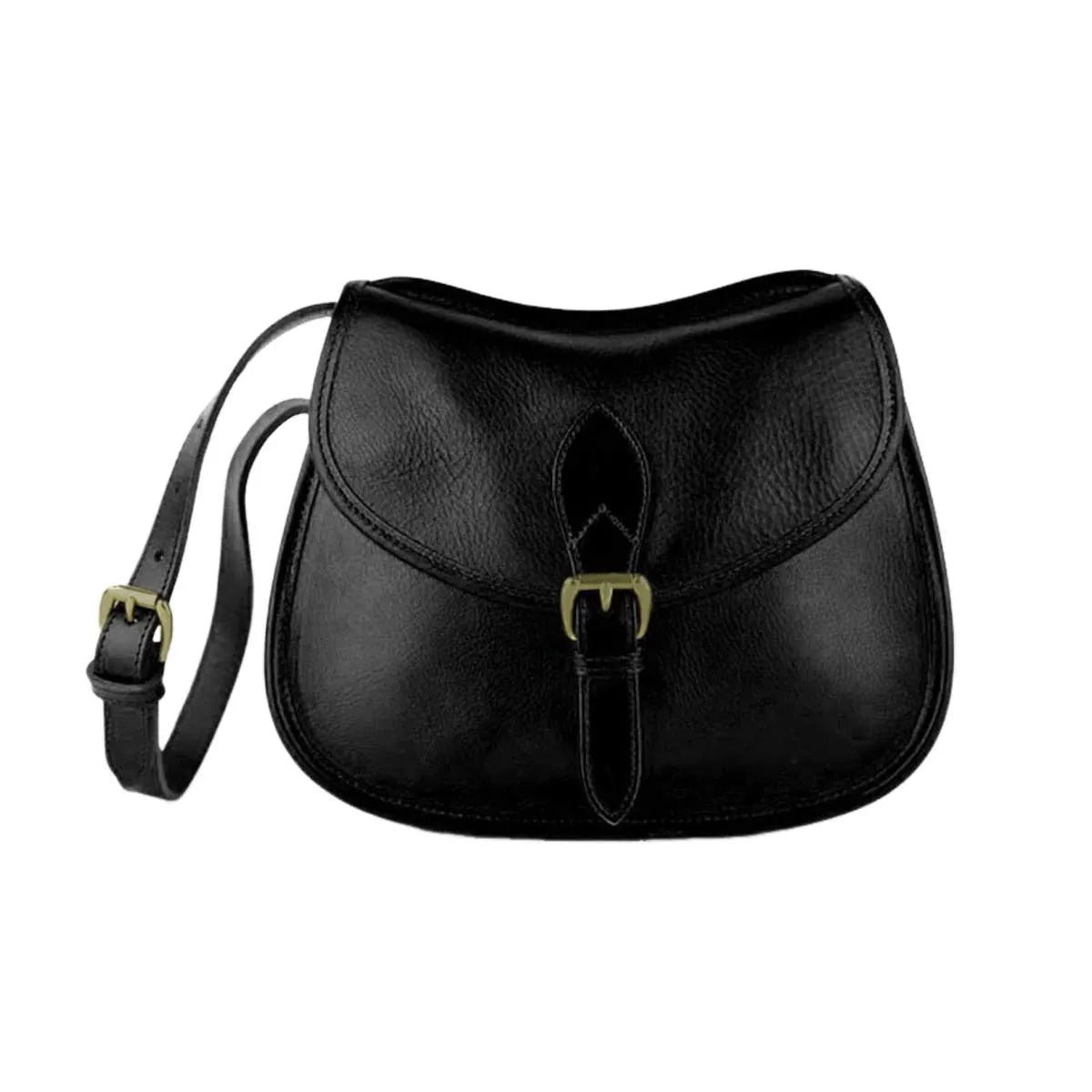 Genuine leather messenger bag in brown colour showing flap closure and textured cowhide material