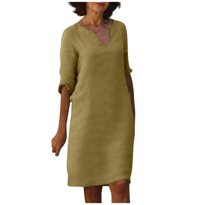 Retro cotton and linen V-neck dress with high waist and summer stitching in various colors