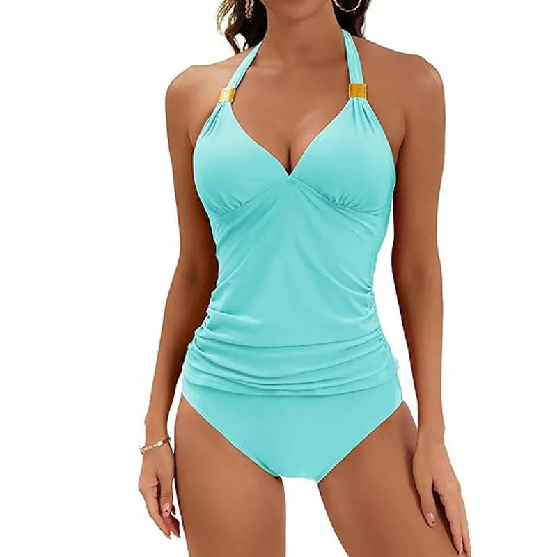 Women's red halter tie two-piece swimsuit with briefs, made from milk silk polyester fabric.