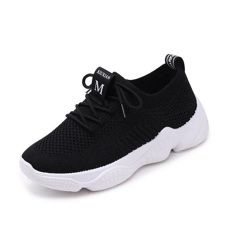 Women's white flying woven sports shoes with thick rubber soles and front strap design