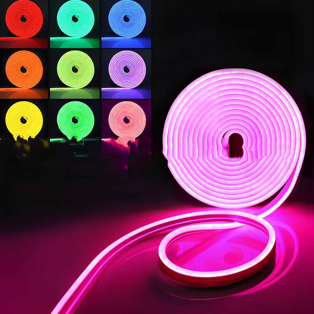 Flexible 12V RGB LED neon strip, 6mm x 15mm waterproof design with Bluetooth controller for home decor, 1-5m lengths