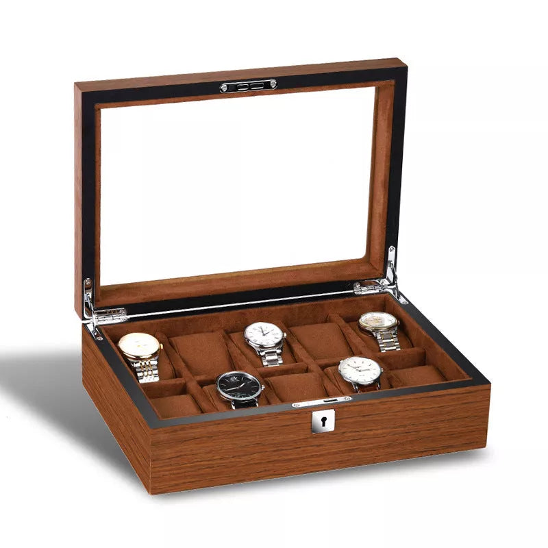Matte wood grain lock watch storage box with 5 slots, brown color