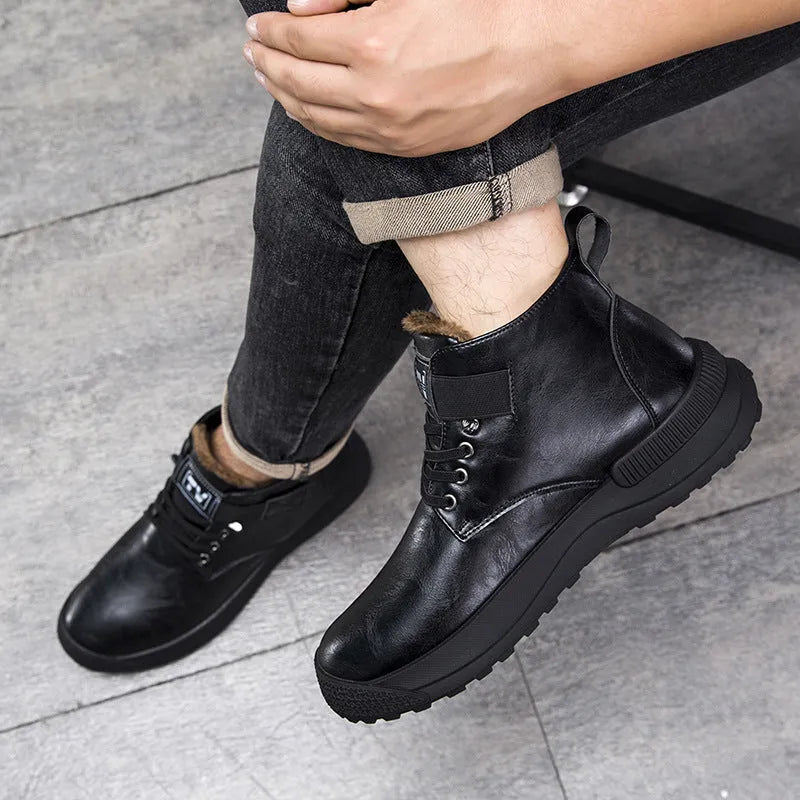 Men's black high-top platform Martin boots with a velvet-like PU upper and rubber sole.