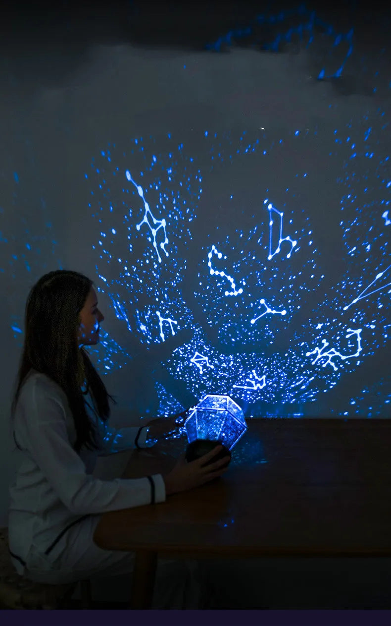 Children's rotating star night light projecting coloured starlight patterns on a bedroom wall.