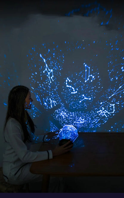 Children's rotating star night light projecting coloured starlight patterns on a bedroom wall.