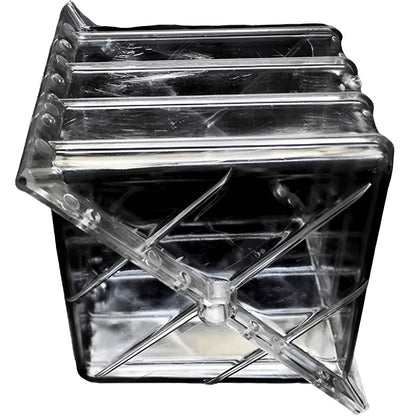 A square white plastic mould for growing square watermelons and fruit, measuring 13cm on each side.