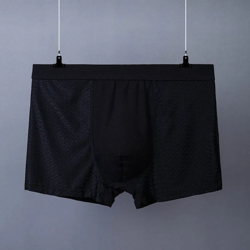 Men's plus size boxer shorts in black, modal cotton blend, breathable mesh, mid waist, sizes XL-7XL