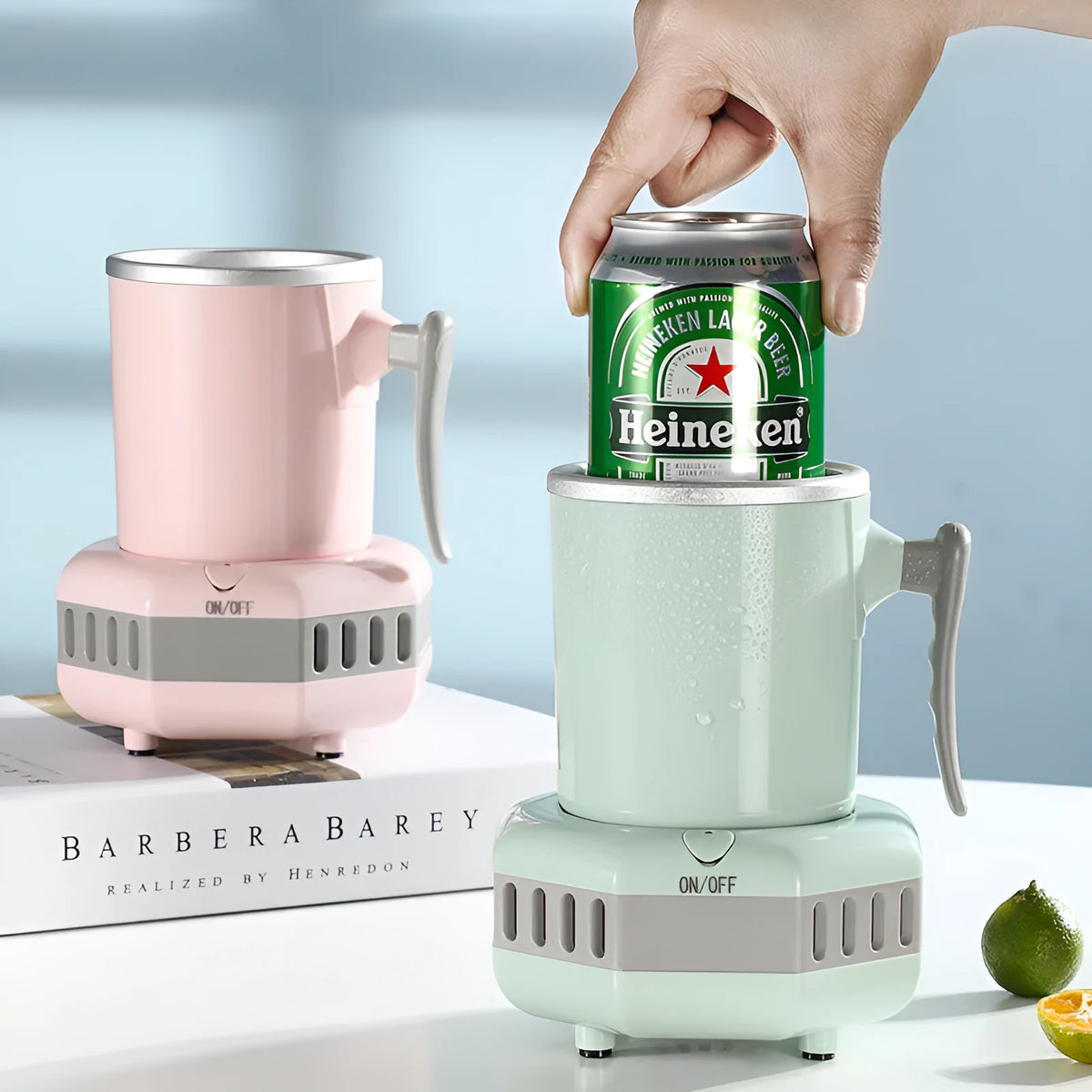 White quick refrigeration cup with aluminium drinking vessel on ABS base featuring one-button control