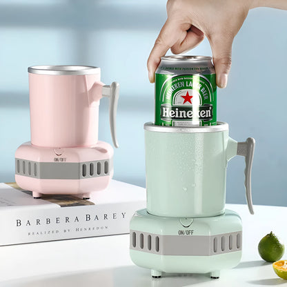 White quick refrigeration cup with aluminium drinking vessel on ABS base featuring one-button control
