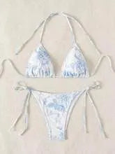 Halter neck lace-up bikini set with floral ink print, polyester lining, in black, light blue or pink