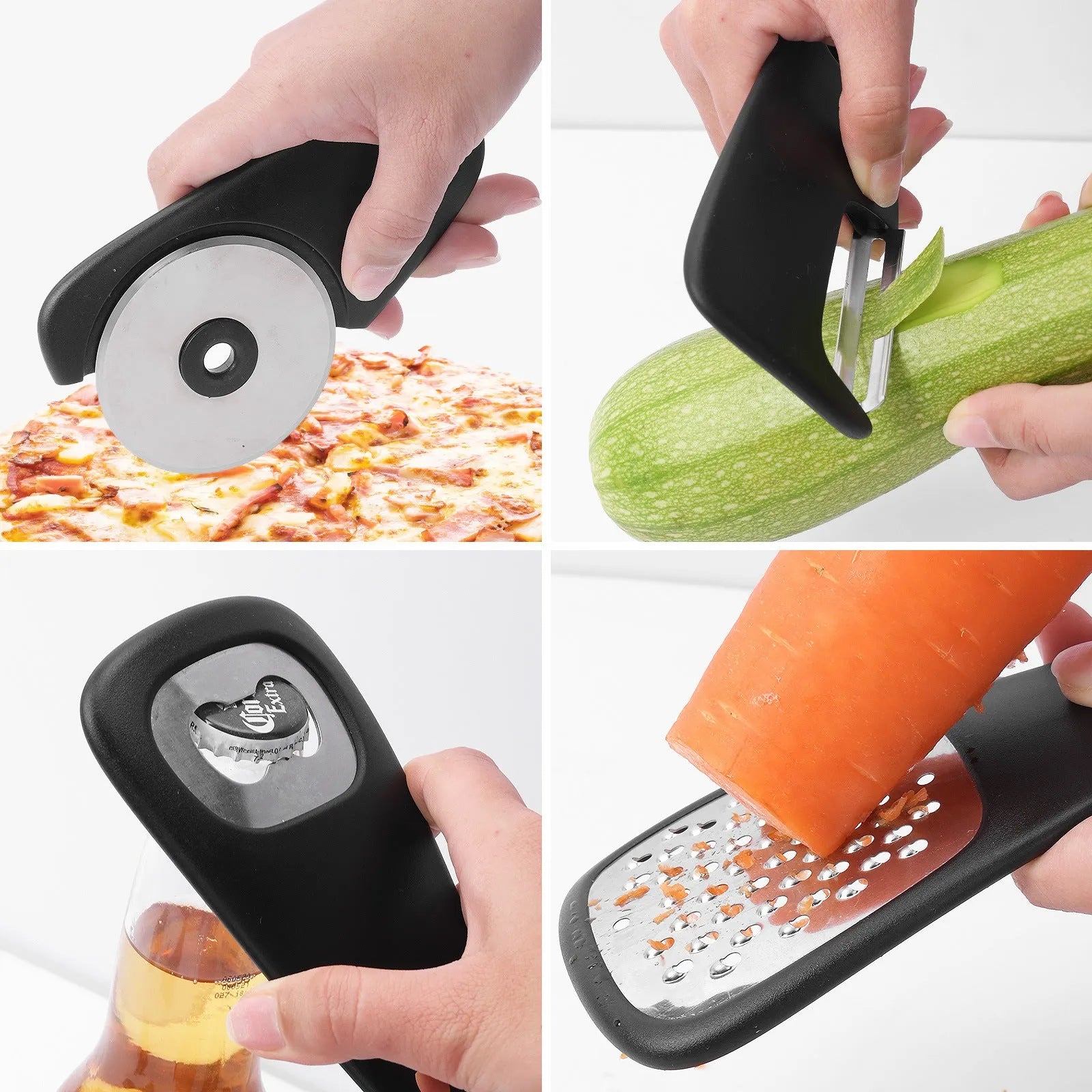 Six kitchen gadgets with cleaning brush in colour box storage unit