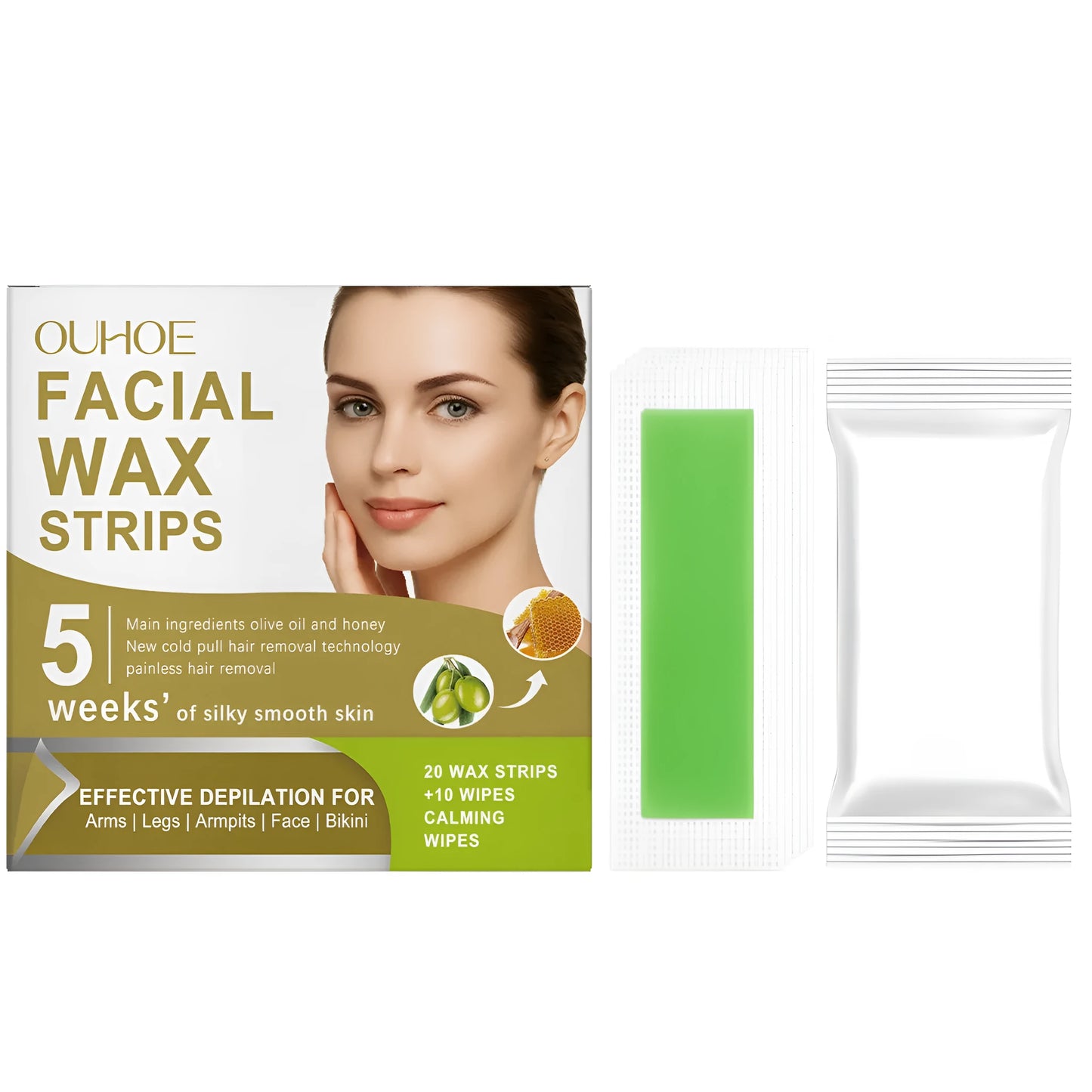 Gentle facial hair removal wax paper strips with natural ingredients including jojoba oil and vitamin E