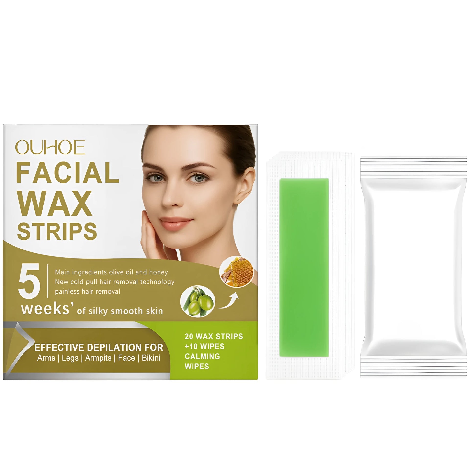 Gentle facial hair removal wax paper strips with natural ingredients including jojoba oil and vitamin E