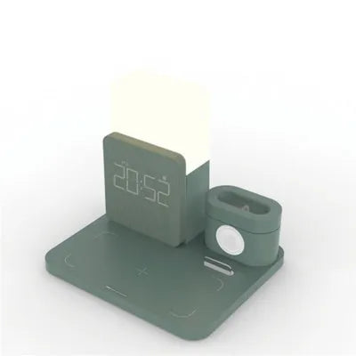 Dark green 3-in-1 wireless charger stand with phone in vertical slot, earbuds in circular compartment, and smartwatch on charging puck