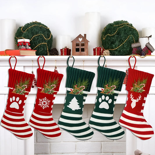 Knitted Christmas cat and dog socks in a gift bag, one pair, with red dog's paw, snowflake, green tree, or red elk patterns.