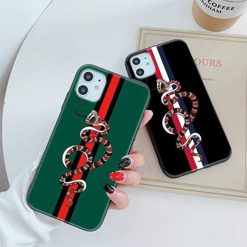 Black frosted silicone iPhone case with a UV-printed cartoon snake design on the back.