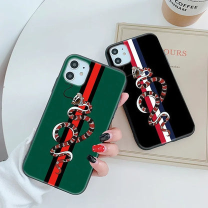 Black frosted silicone iPhone case with a UV-printed cartoon snake design on the back.