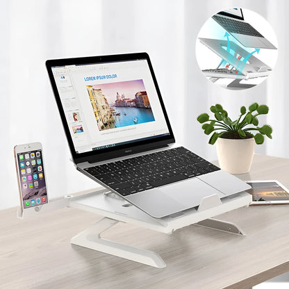 Foldable aluminium laptop stand in black or white, 280 x 280 x 25.5mm, with 9 adjustable angles and cooling slot.