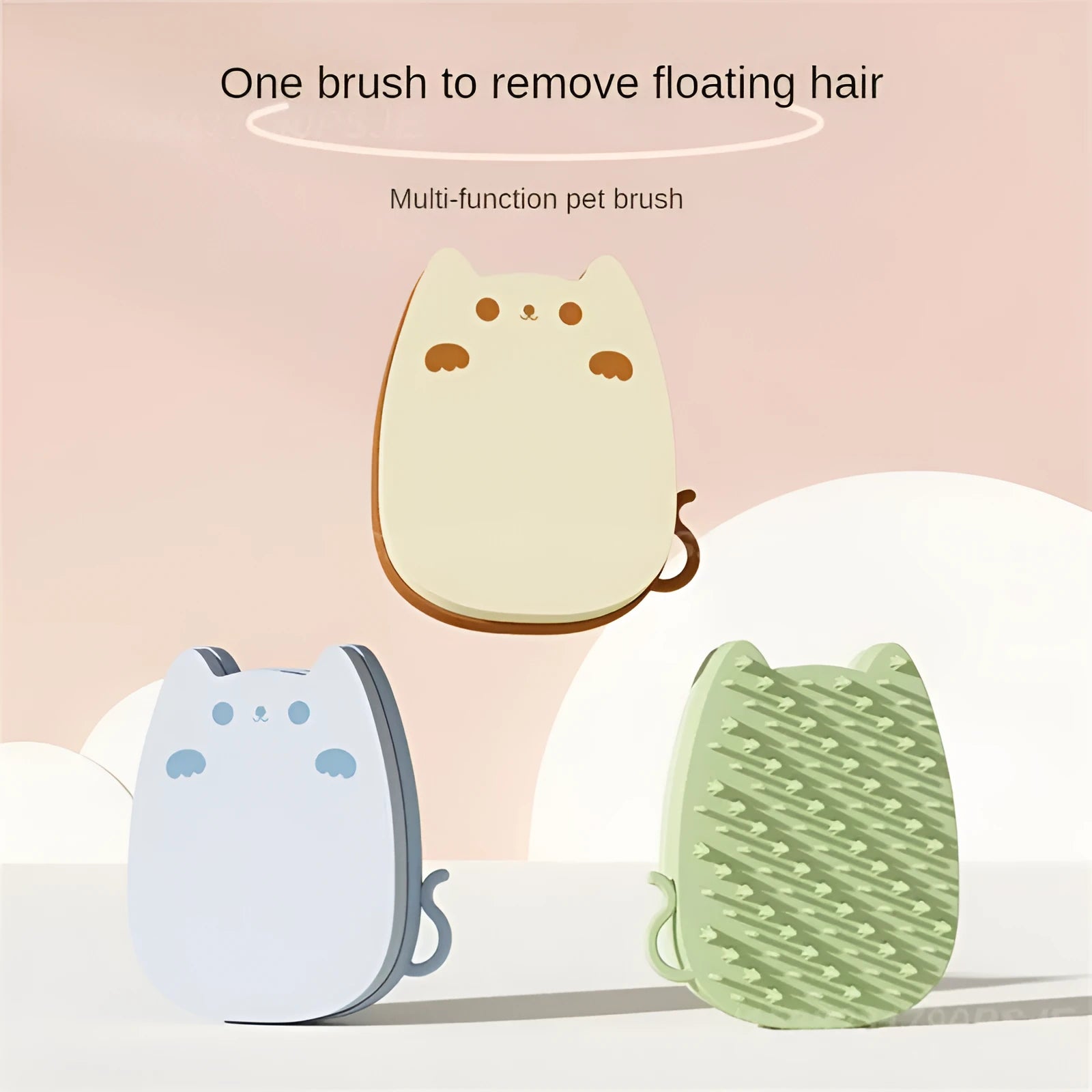 Blue silicone and sponge pet grooming brush with dual comb teeth on a wooden surface.