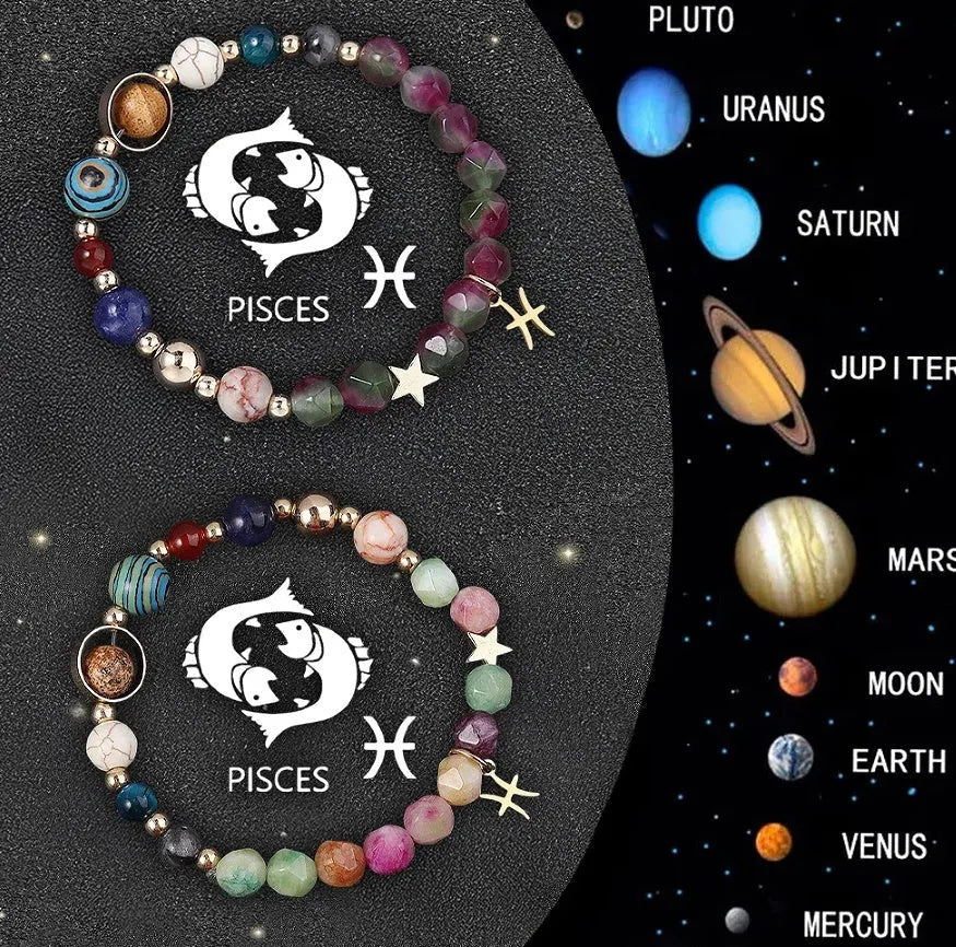 Two natural stone beaded bracelets with zodiac sign charms on adjustable knotted cords