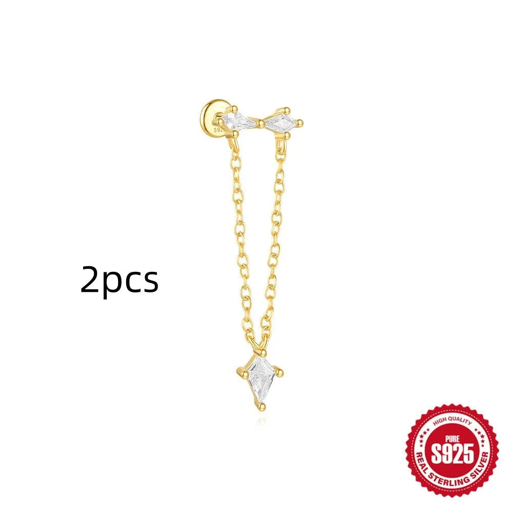 S925 sterling silver geometric kite earrings with rhinestone chain tassel in gold plating
