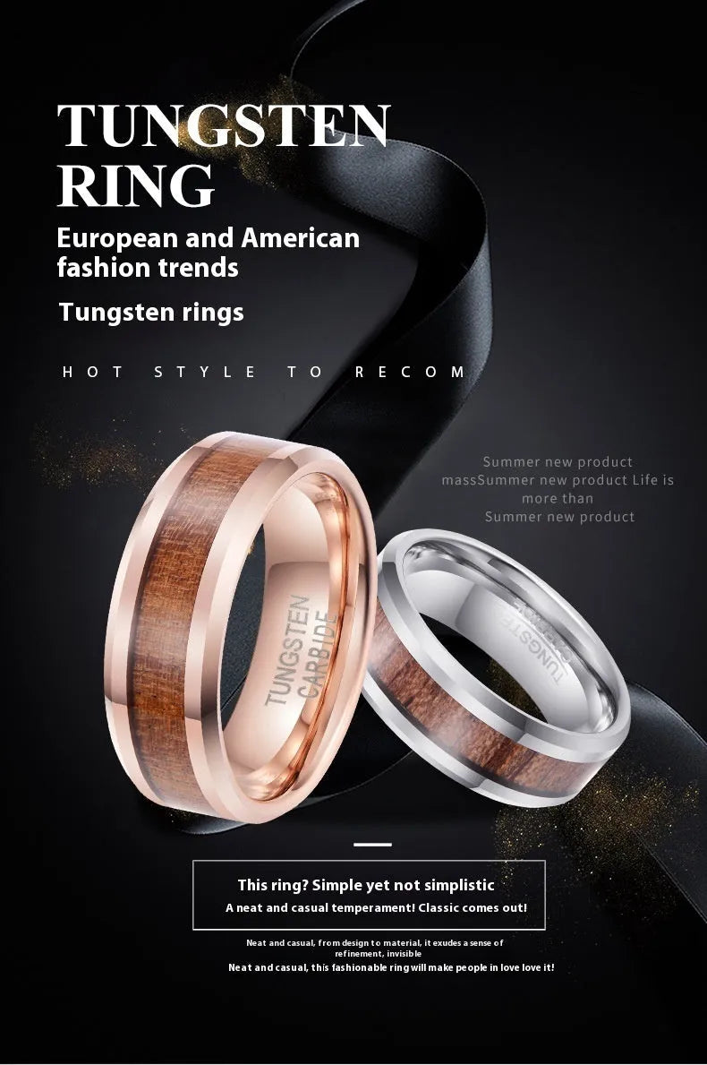 Men's tungsten ring with wood leather texture in 8mm width showing rose gold or steel colour options