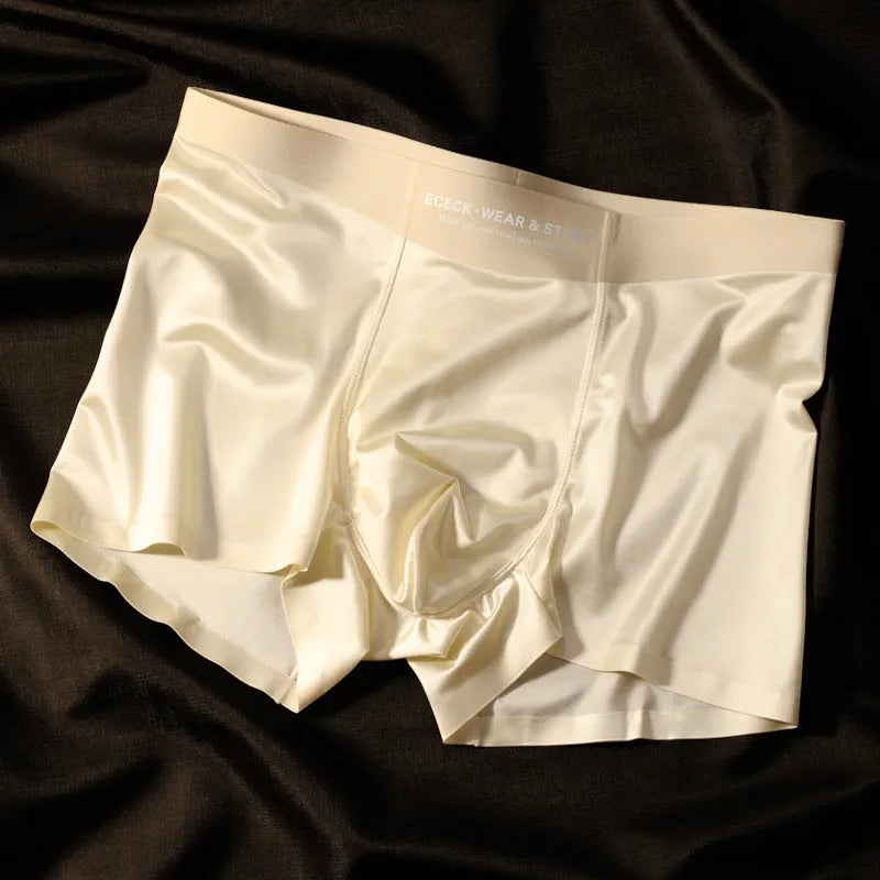 Men's colourblock Ice Silk seamless underwear in blue, brown, gray, and white on a size chart.