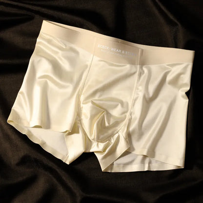 Men's colourblock Ice Silk seamless underwear in blue, brown, gray, and white on a size chart.
