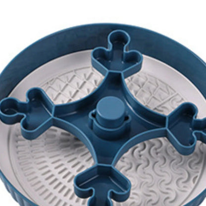 Grey rotating pet food basin with silicone pad showing beard pattern design for slow feeding