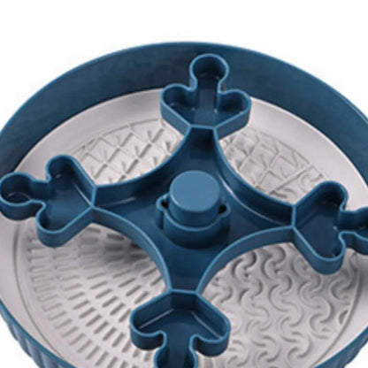 Pet food basin with rotating game board and textured silicone pad in multiple colour options including beige, blue, gray, green, and red