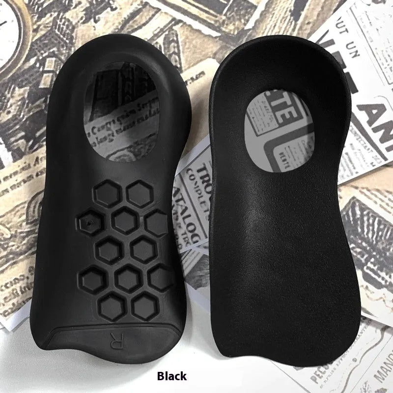 Pair of TPR varus correction arch support insoles in black, white, and skin colour options.