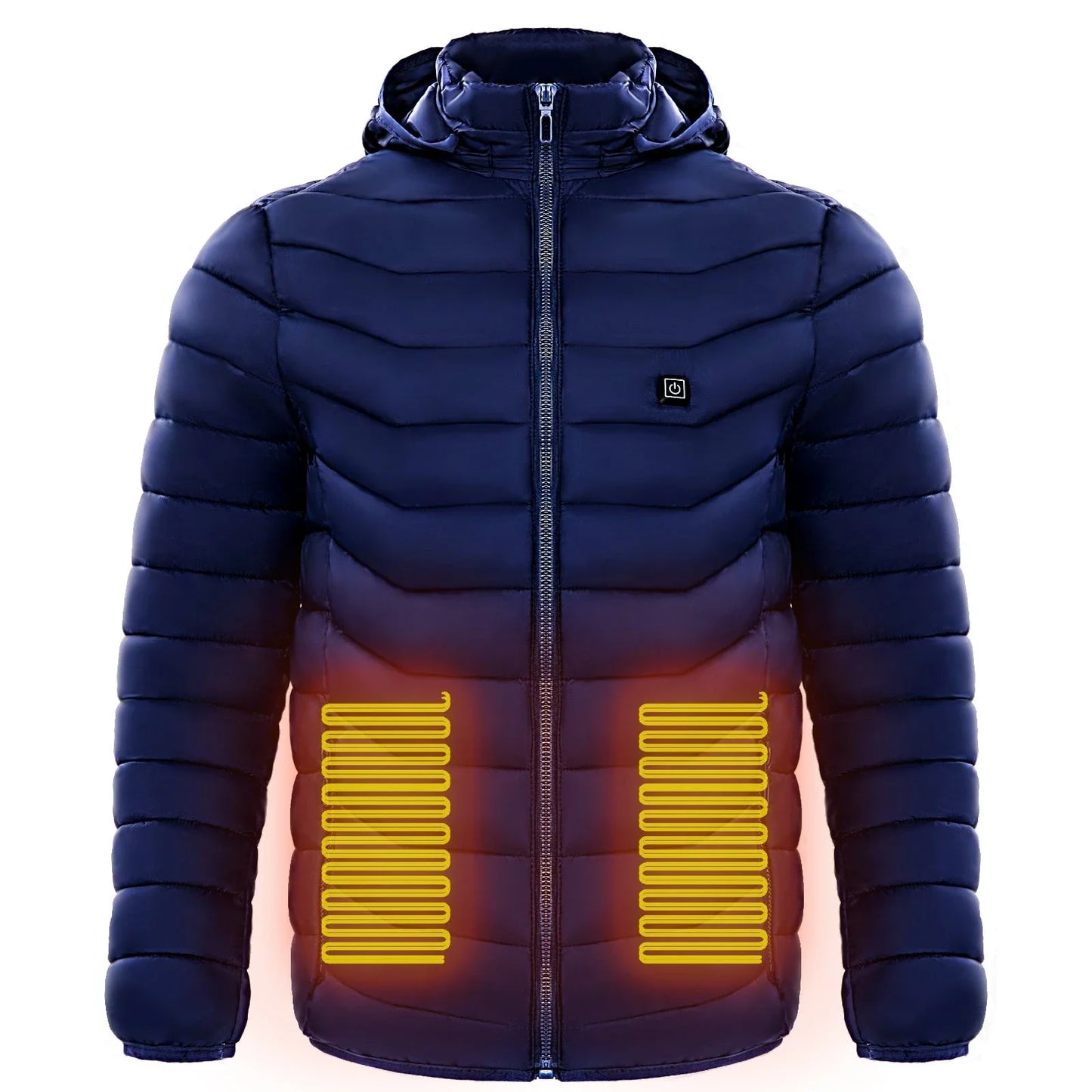 A warm, insulated puffer jacket with strategically placed heating elements to keep skiers cozy on the slopes.