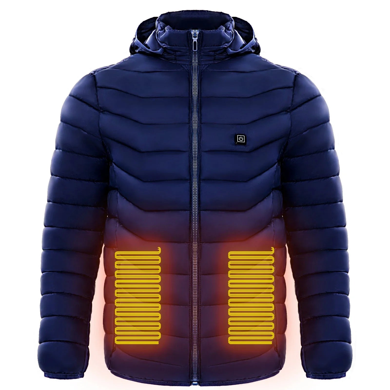 A warm, insulated puffer jacket with strategically placed heating elements to keep skiers cozy on the slopes.