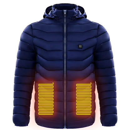 A warm, insulated puffer jacket with strategically placed heating elements to keep skiers cozy on the slopes.